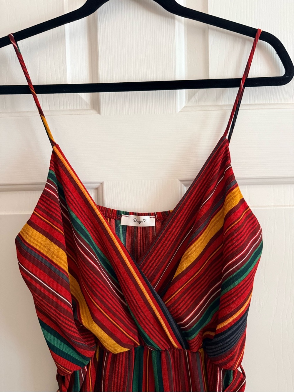 Sleeveless Striped Jumpsuit Elastic Waist Red, Green & Mustard Yellow - Picture 2 of 7